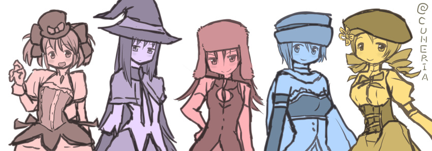 5girls, akemi_homura, bare_shoulders, beret, black_hair, bow, bubble_skirt, cape
