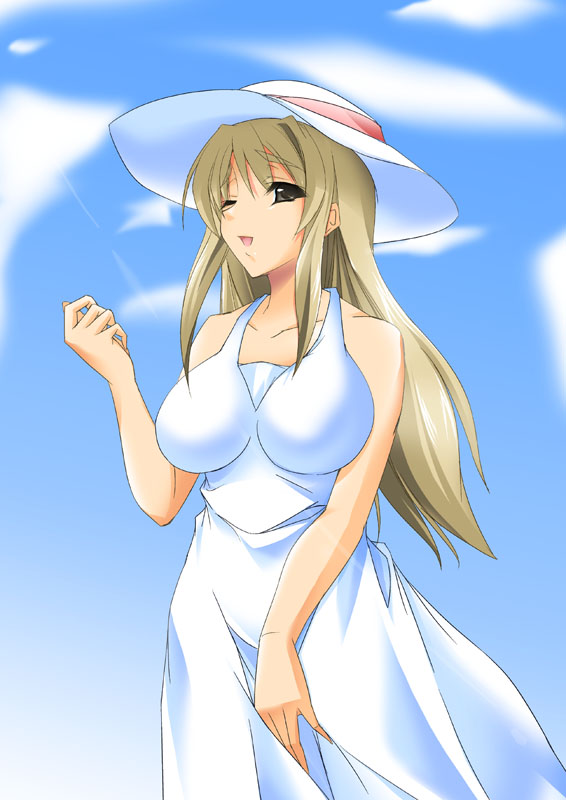 brown_eyes, brown_hair, hat, k-on!, kotobuki_tsumugi, large_breasts, long_hair, maho_(yakimorokoshi)