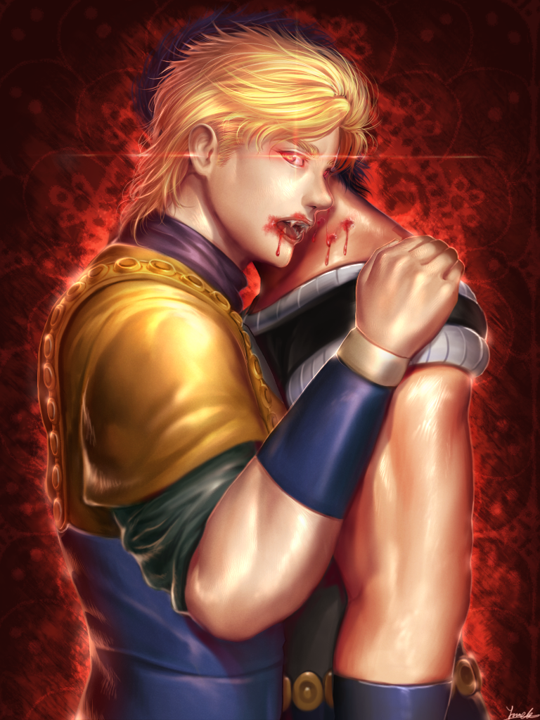 2boys, bite_mark, blonde_hair, blood, blue_hair, dio_brando, fangs, glowing