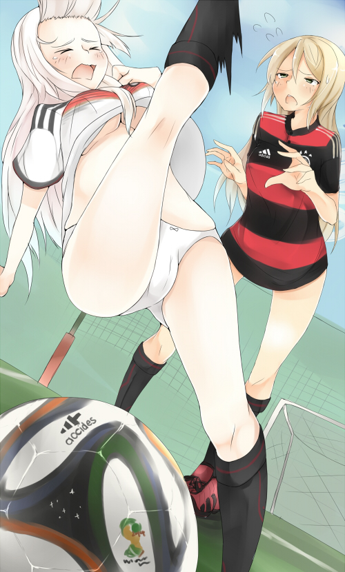 2girls, alternate_costume, ball, blonde_hair, blush, breasts, hatsumi_nekuta, heidimarie_w_schnaufer