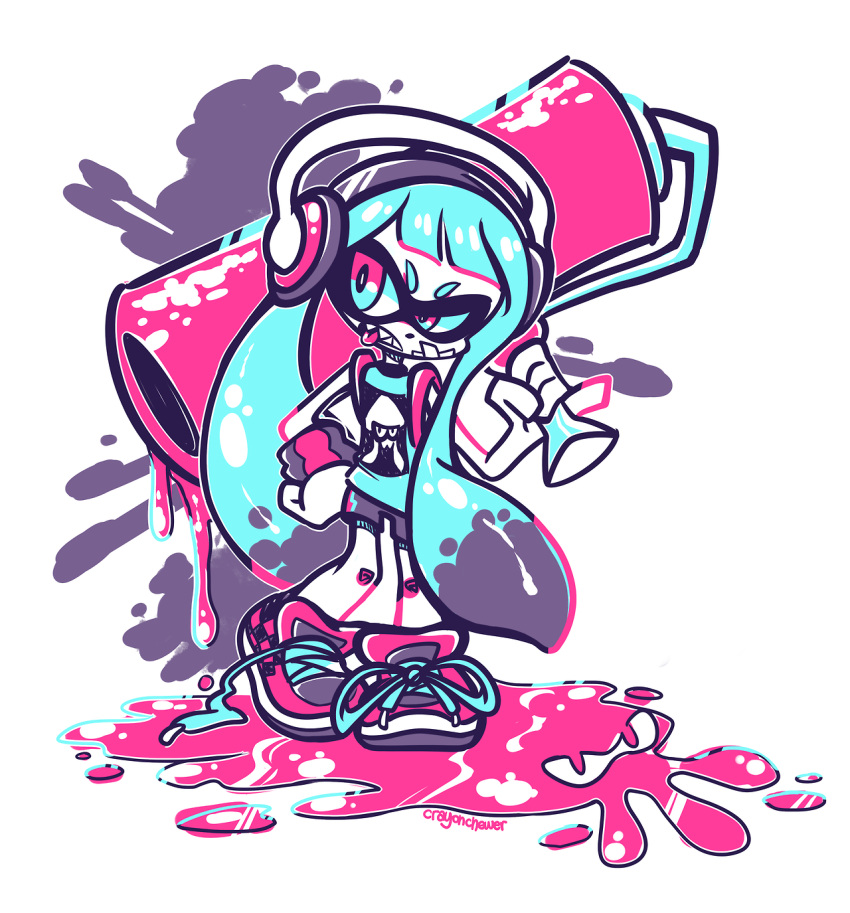 1girl, animal_humanoid, anthro, cephalopod, cephalopod_humanoid, crayon-chewer, headphones, highres, humanoid, inkling, inkling_girl, long_hair, mask_(marking), nintendo, pointy_ears, pseudo_hair, roller, splatoon, splatoon_(series), spot_color, squid, tentacle, tentacle_hair, tongue, twintails