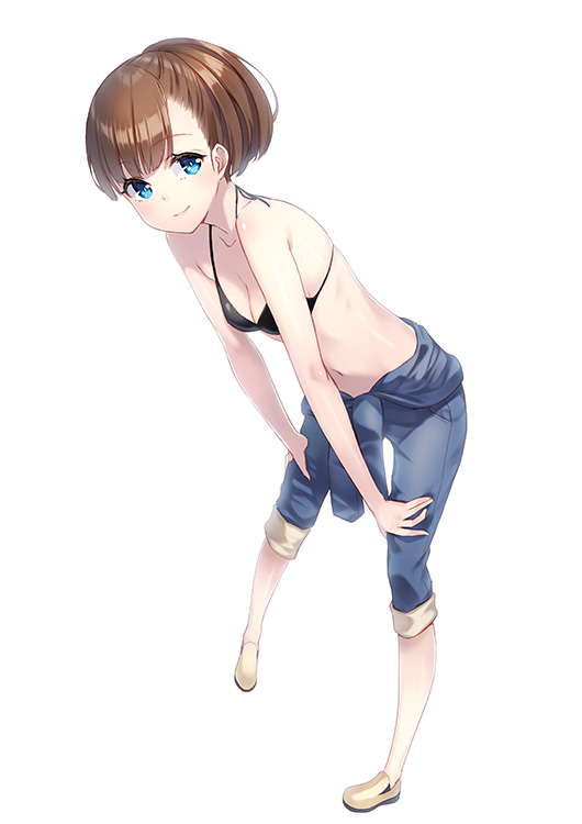 1girl, bare_shoulders, bikini, bikini_top, black_bikini, blue_eyes, breasts, brown_hair