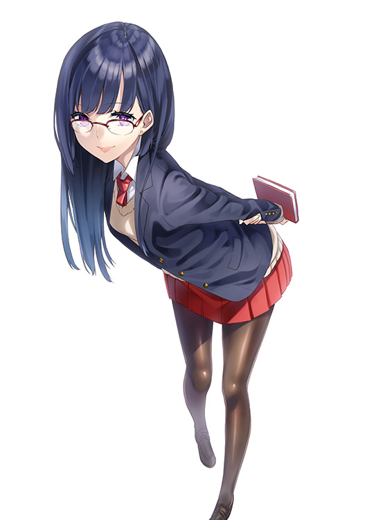 1girl, blazer, blue_hair, book, brown_legwear, earrings, glasses, jewelry