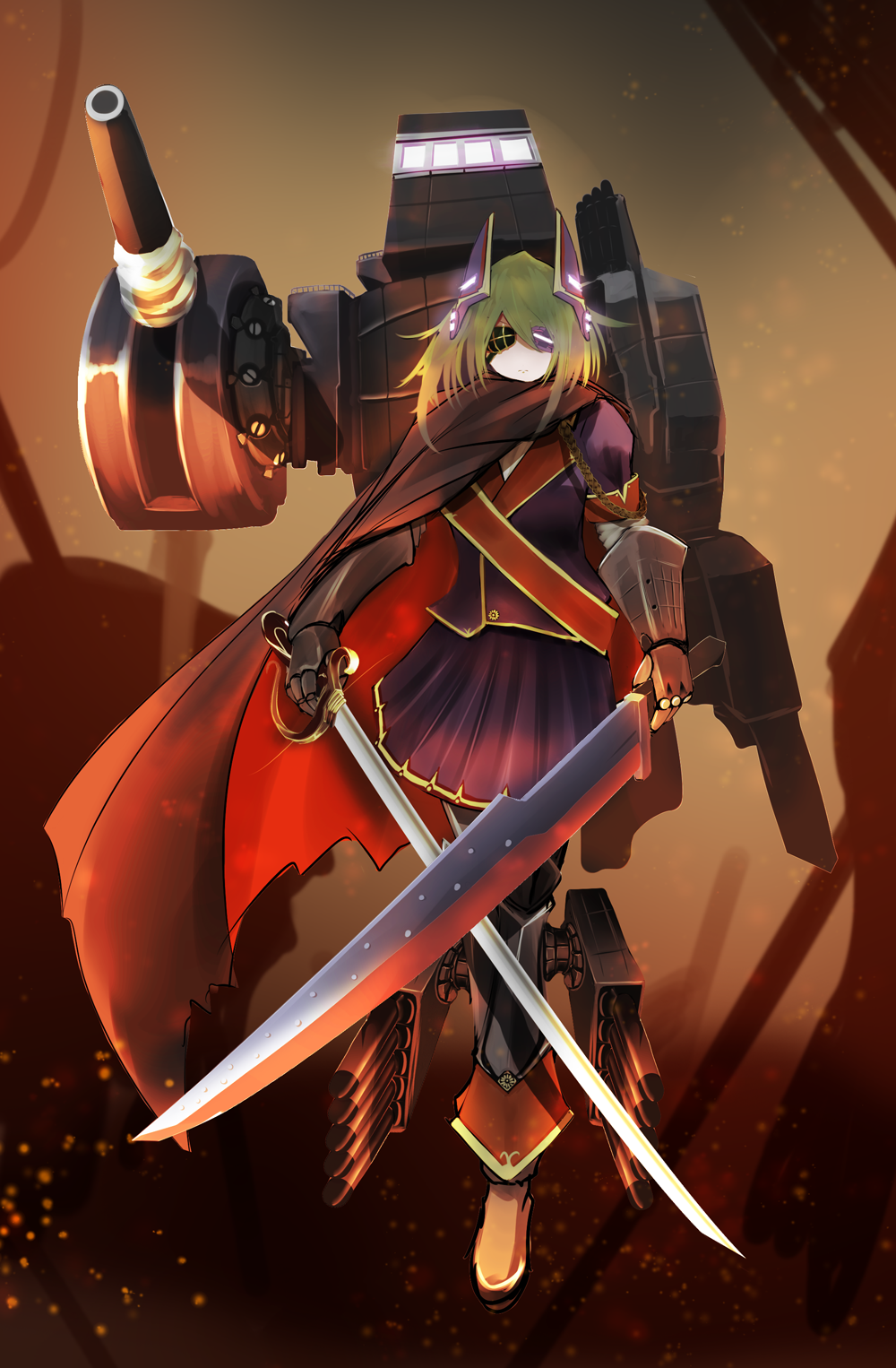 cape, double_eyepatch, dual_wielding, eyepatch, fusion, highres, jugem-t, kantai_collection, kiso_(kantai_collection), sword, tenryuu_(kantai_collection), weapon