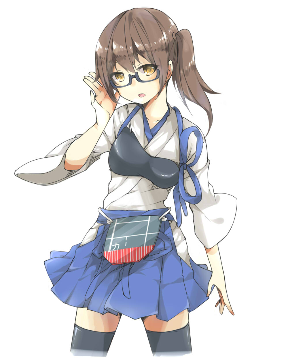 1girl, adjusting_glasses, asymmetrical_hair, bespectacled, brown_hair, glasses, highres, japanese_clothes