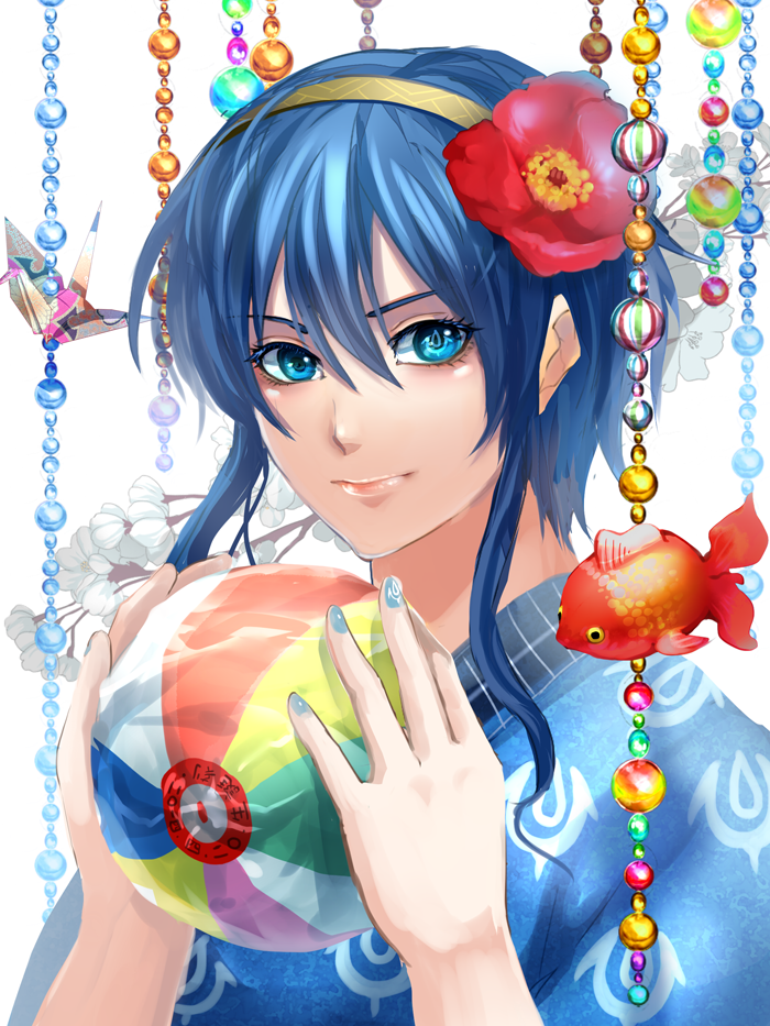 1girl, 9tt6, alternate_hairstyle, ball, beachball, blue_eyes, blue_hair, fire_emblem