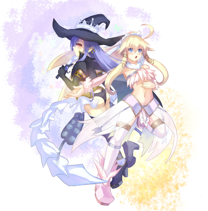 2girls, absurdres, ahoge, althea, ass, back-to-back, blonde_hair, blue_eyes, blue_hair, breasts, crown, detached_sleeves, earrings, elbow_gloves, fatima, gloves, hat, highres, jewelry, long_hair, looking_at_viewer, luminous_arc, luminous_arc_2, midriff, multiple_girls, open_mouth, over_shoulder, pointy_ears, red_eyes, see-through, sumire_l.a., thigh-highs, under_boob, weapon, weapon_over_shoulder, witch_hat
