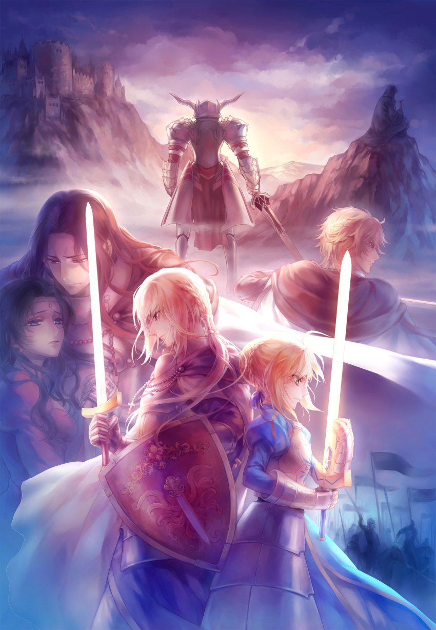 2girls, absurdres, ahoge, armor, armored_dress, bedivere, berserker_(fate/zero), blonde_hair