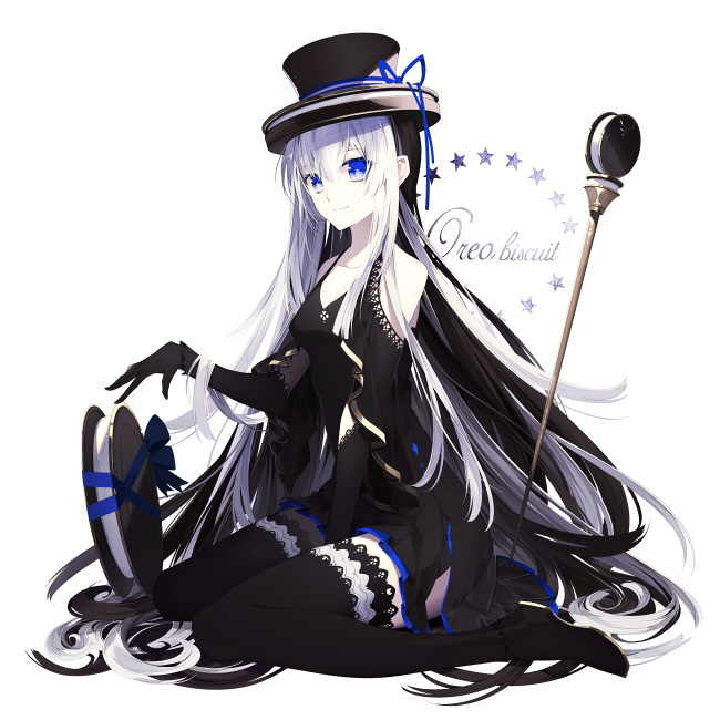 black_hair, blue_eyes, cane, cookie, dress, elbow_gloves, food, food_themed_clothes, gloves, hat, long_hair, multicolored_hair, nekonabe_ao, oreo, original, personification, ribbon, thigh-highs, two-tone_hair, very_long_hair, white_hair, zettai_ryouiki