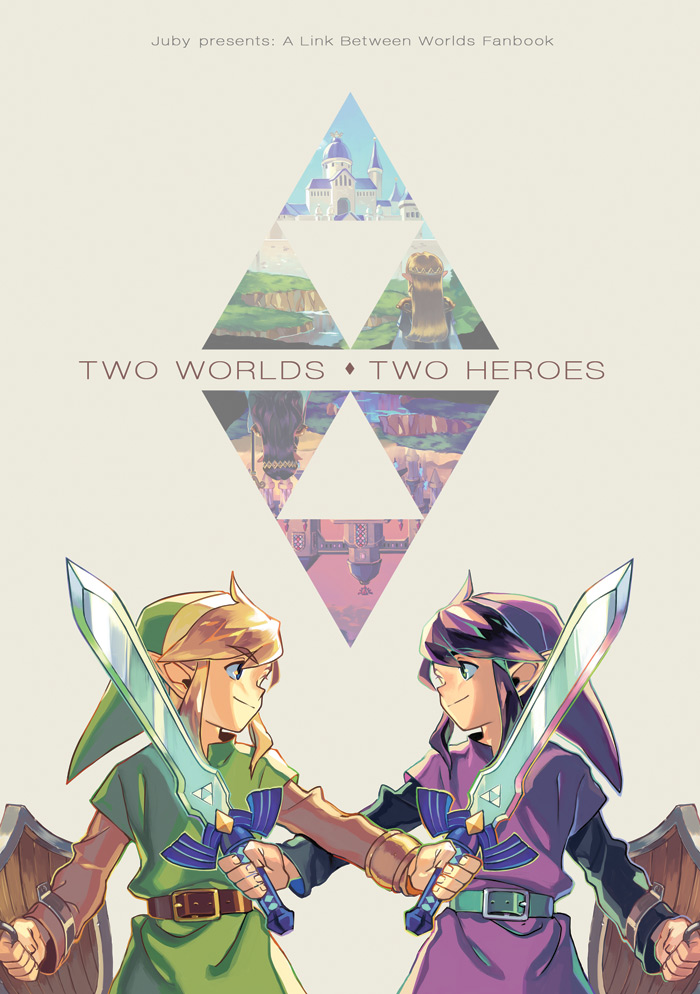2boys, a_link_between_worlds, belt, black_hair, blonde_hair, blue_eyes, bracer, cover