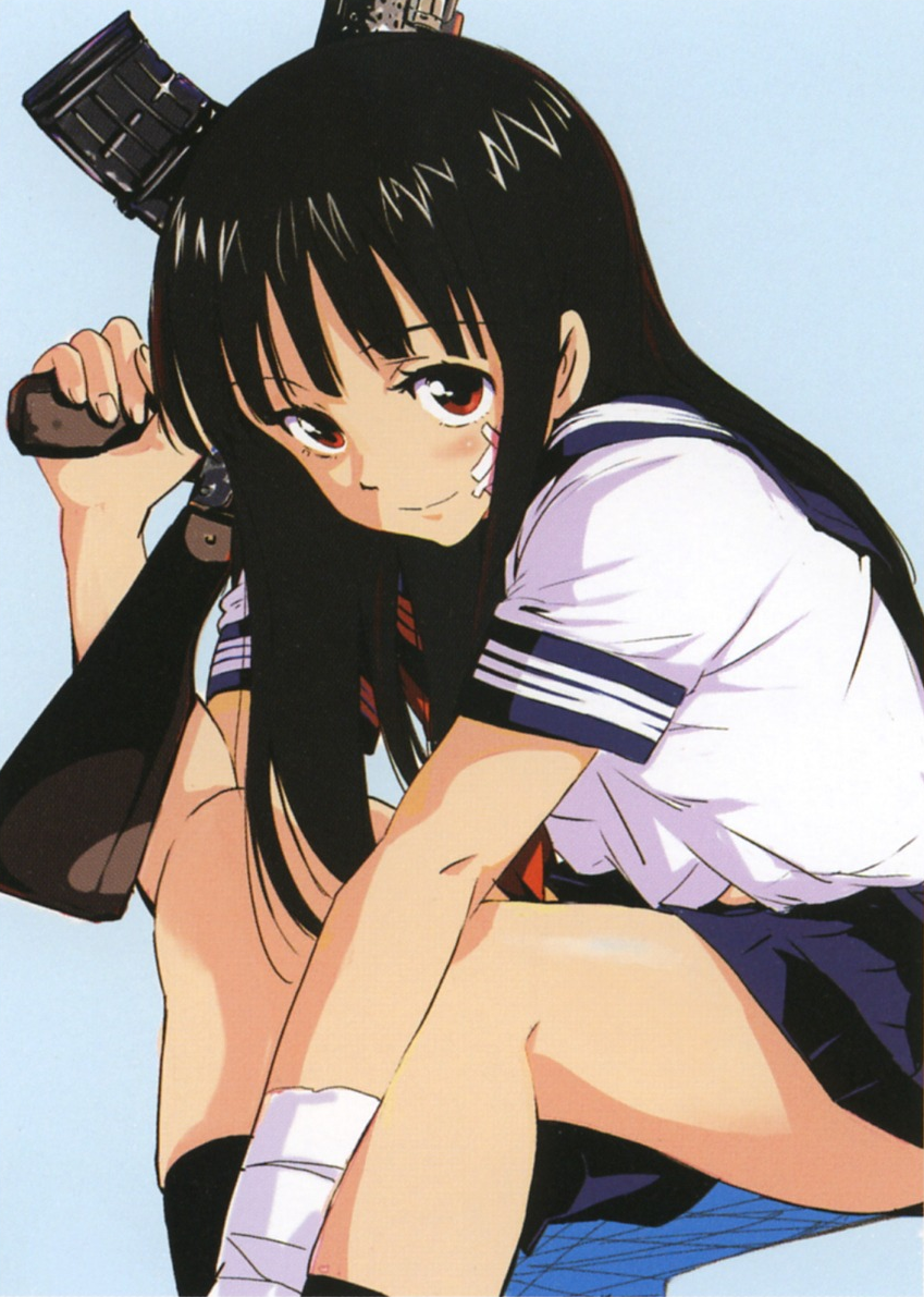 1girl, bandages, bandaid, black_hair, gun, long_hair, magomago, original