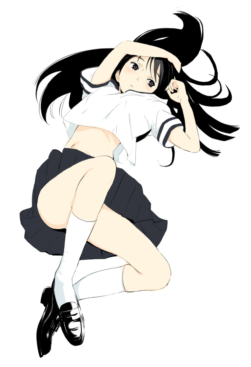1girl, black_eyes, black_hair, highres, kneehighs, legs, long_hair, lying, magomago, midriff, original, school_uniform, shoes, simple_background, skirt, solo, white_background