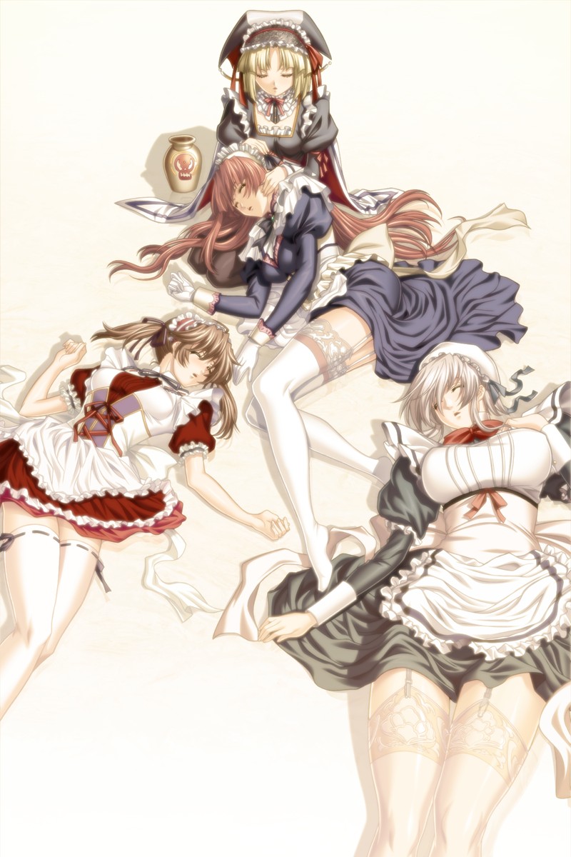 4girls, blonde_hair, brown_hair, highres, lycoris_radiata, maid, maid_headdress, multiple_girls