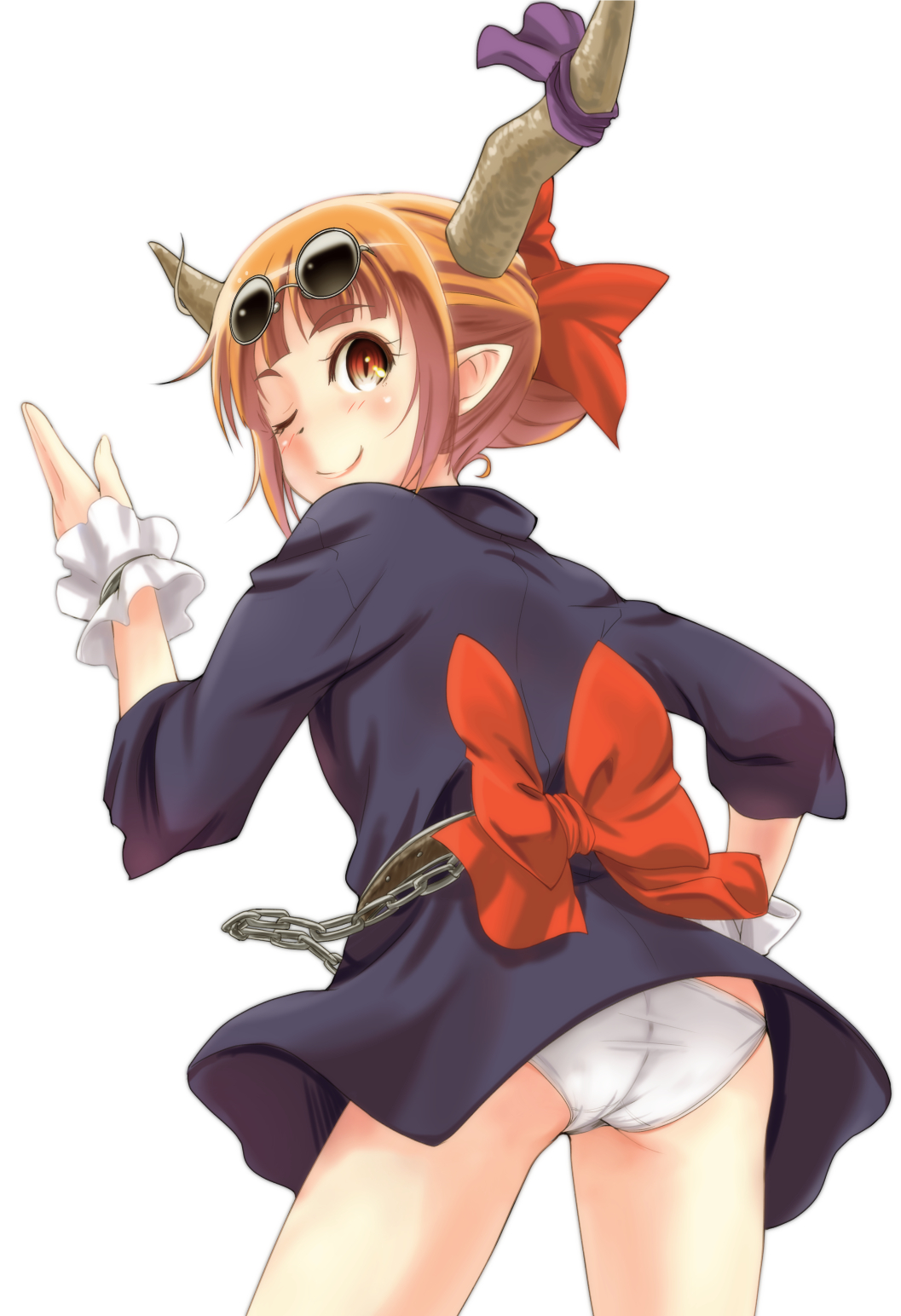 1girl, ass, blonde_hair, blush, chain, glasses_on_head, highres, ibuki_suika, mukai, one_eye_closed, panties, pointy_ears, short_hair, smile, solo, touhou, underwear, white_panties, wink
