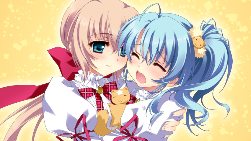 1boy, 1girl, ahoge, asymmetrical_hair, blue_hair, blush, bow, bowtie