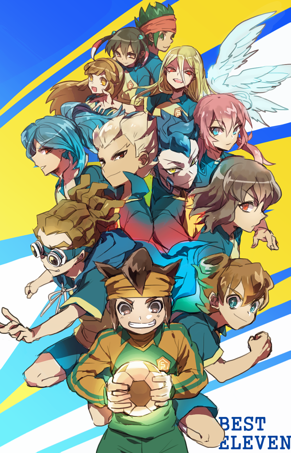 1girl, 6+boys, afuro_terumi, angel_wings, ball, best_eleven, blonde_hair, blue_eyes
