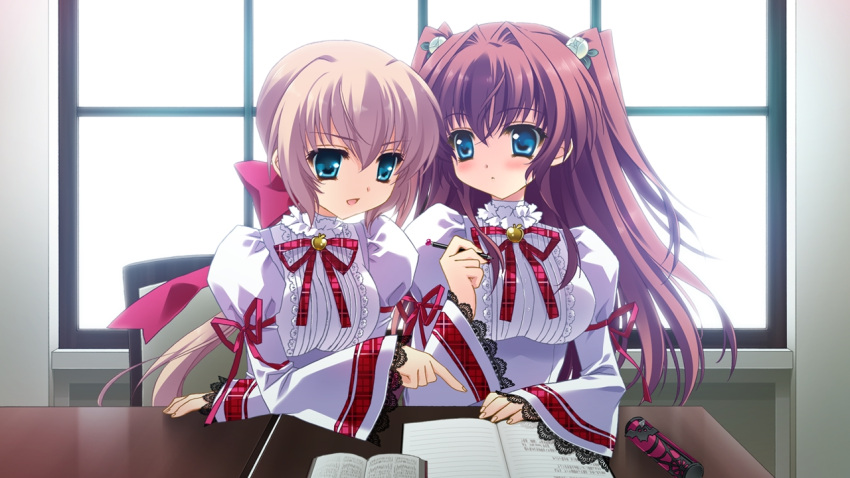 1boy, 1girl, asakura_karen, blue_eyes, blush, book, bow, brown_hair