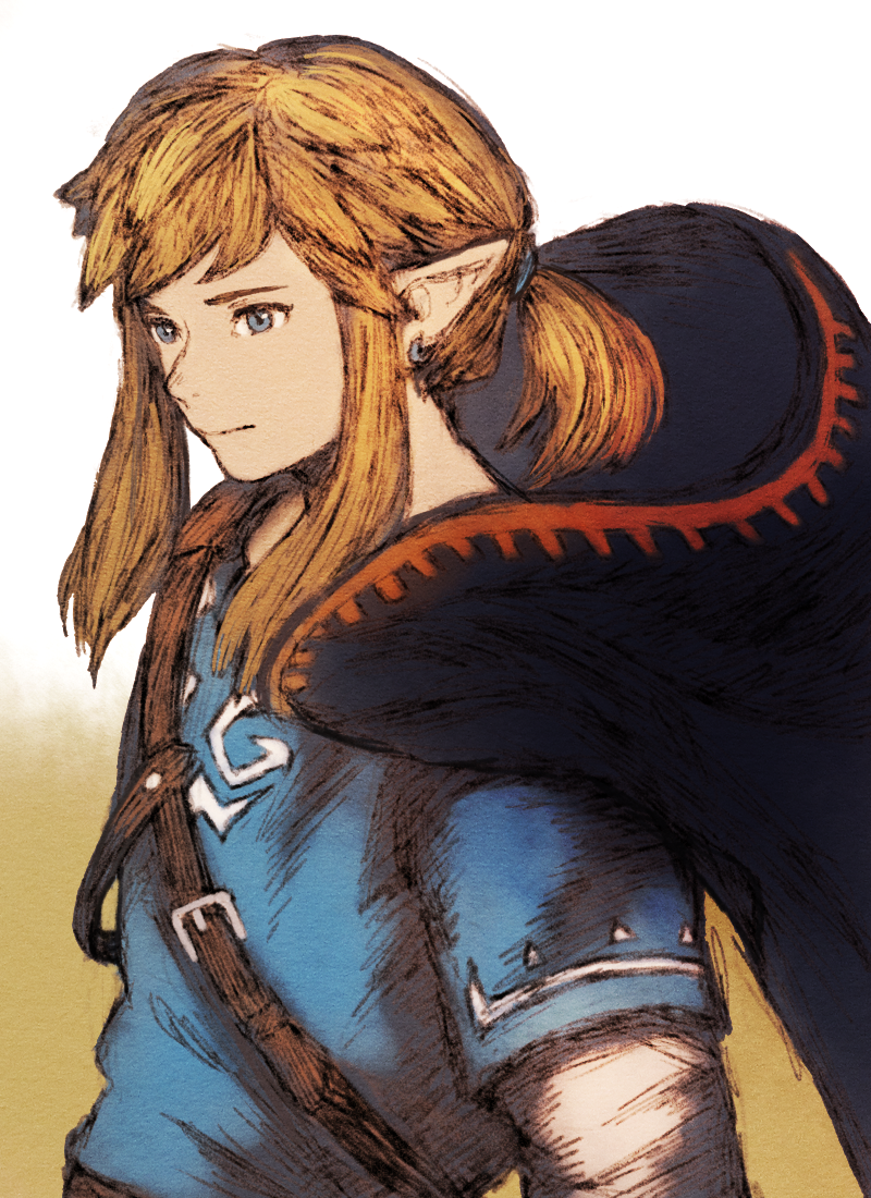 blonde_hair, blue_eyes, cape, earrings, hood, jewelry, link, long_hair