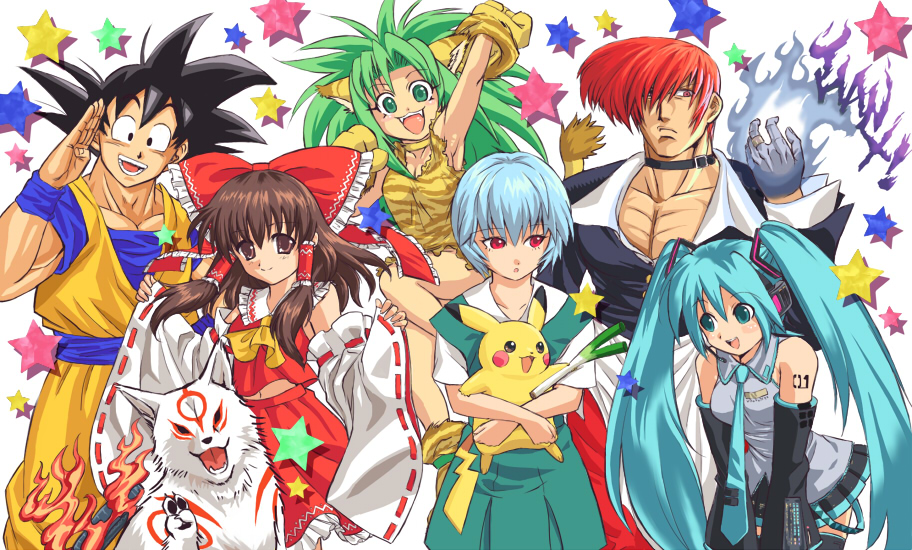 amaterasu, ayanami_rei, chamcham, crossover, dragon_ball, dragonball, everyone, hakurei_reimu, hatsune_miku, king_of_fighters, multiple_girls, neon_genesis_evangelion, okami, pikachu, pokemon, pokemon_(creature), samurai_spirits, smile, son_goku, son_gokuu, spring_onion, stargeyser, touhou, v, vocaloid, yagami_iori