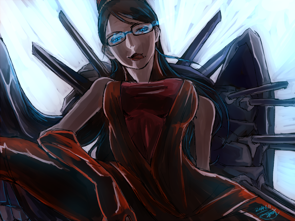 1girl, bayonetta, bayonetta_(character), beehive_hairdo, black_hair, blue_eyes, breasts, cannon