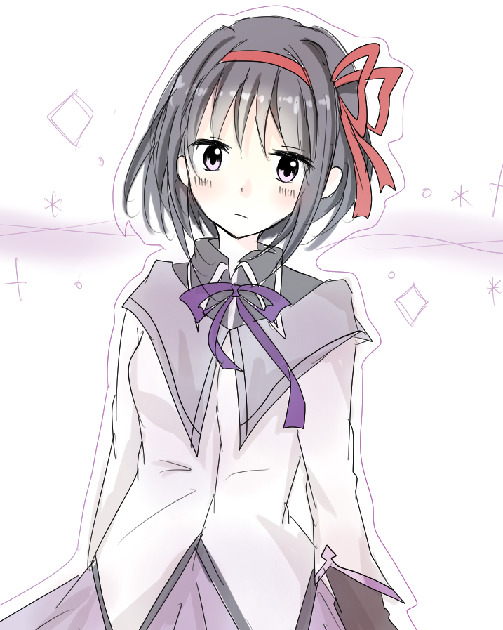 1girl, akemi_homura, alternate_hair_length, alternate_hairstyle, black_hair, blush, hair_ribbon, looking_at_viewer, magical_girl, mahou_shoujo_madoka_magica, ribbon, sakuira-ame_(zyosefi-nu), short_hair, simple_background, solo, white_background
