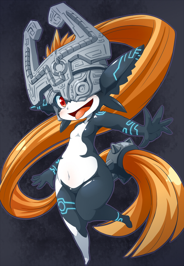 1girl, helmet, imp, long_hair, midna, open_mouth, orange_hair, outstretched_arm