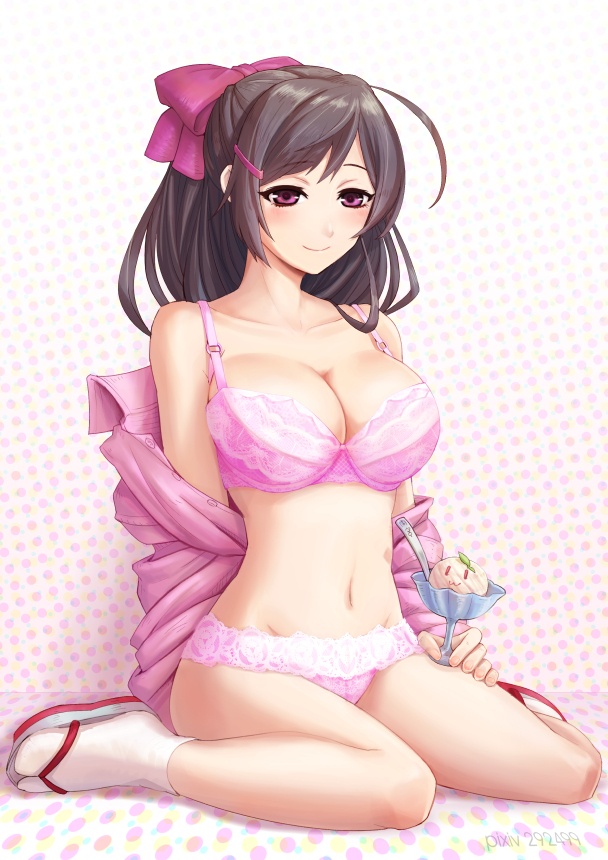 1girl, :3, bra, breasts, brown_hair, cleavage, food, hair_ribbon, ice_cream, ichiban_renga, kantai_collection, large_breasts, lingerie, long_hair, mamiya_(kantai_collection), navel, open_clothes, panties, ribbon, smile, solo, underwear