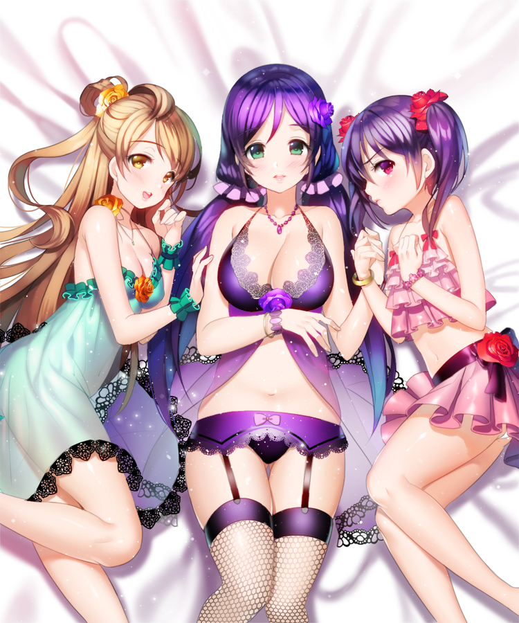 3girls, aile_(crossroads), babydoll, breasts, brown_eyes, brown_hair, cleavage, fishnet_legwear