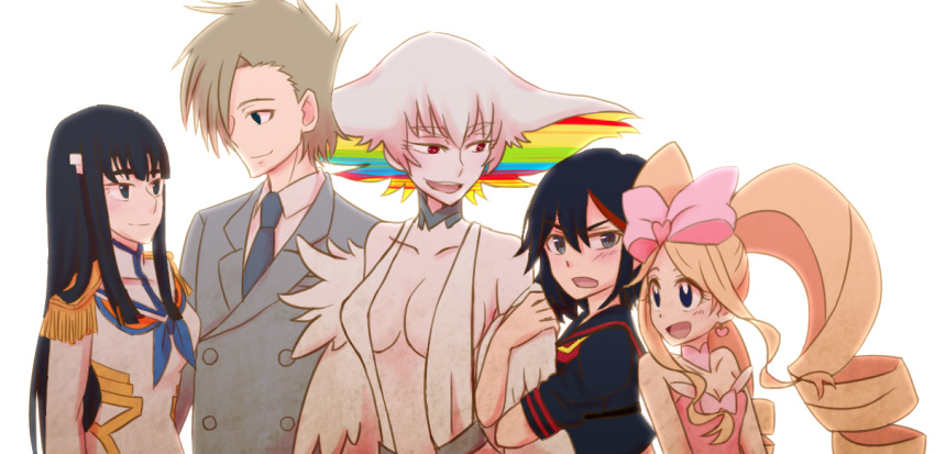 1boy, artist_request, black_hair, blue_eyes, family, harime_nui, kill_la_kill, kiryuuin_ragyou, kiryuuin_satsuki, kiryuuin_souichirou, matoi_ryuuko, multicolored_hair, multiple_girls, rainbow_hair, school_uniform, short_hair, two-tone_hair