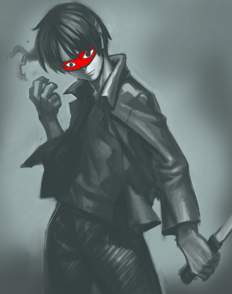 bandage, blindfold, knife, male, monochrome, nfb-zmc, satsujinki, seiyuu_joke