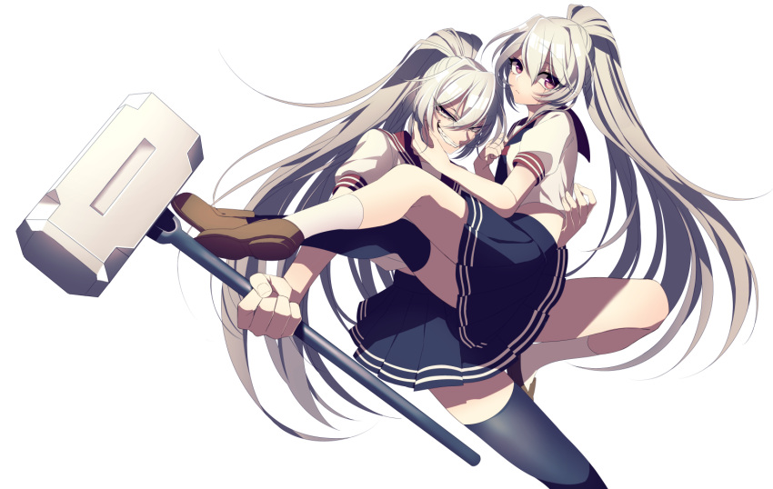 2girls, akuma_no_riddle, banba_mahiru, banba_shinya, carrying, dual_persona, grey_hair, hammer, long_hair, multiple_girls, oniyama831, ponytail, princess_carry, scar, school_uniform, serafuku, skirt, smile, smirk