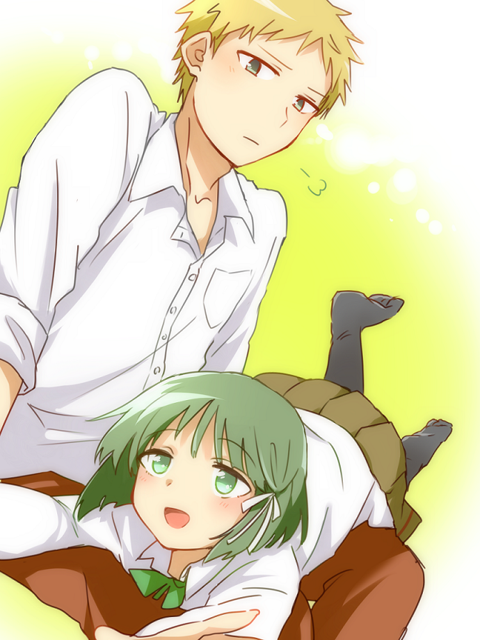 1boy, 1girl, black_legwear, blonde_hair, green_eyes, green_hair, isshuukan_friends, kiryuu_shougo