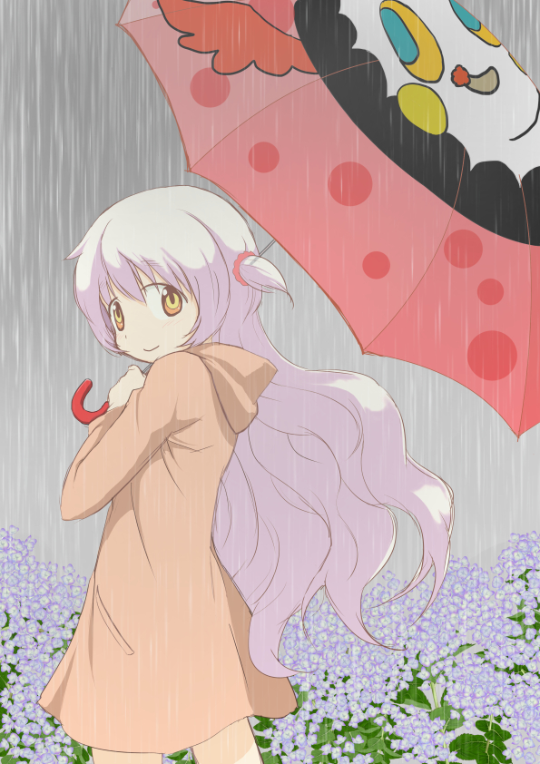 1girl, charlotte_(madoka_magica), flower, hydrangea, long_hair, mahou_shoujo_madoka_magica, mahou_shoujo_madoka_magica_movie, momoe_nagisa, multicolored_eyes, rain, raincoat, red_eyes, scrunchie, solo, two_side_up, umbrella, white_hair, yellow_eyes, yukimura_kaname