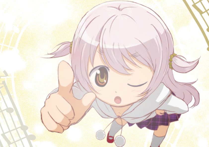 1girl, casual, foreshortening, hair_bobbles, hair_ornament, hoodie, long_hair, mahou_shoujo_madoka_magica, mahou_shoujo_madoka_magica_movie, momoe_nagisa, multicolored_eyes, musical_note, one_eye_closed, plaid, plaid_skirt, red_eyes, skirt, solo, two_side_up, white_hair, wink, yellow_eyes, yukimura_kaname