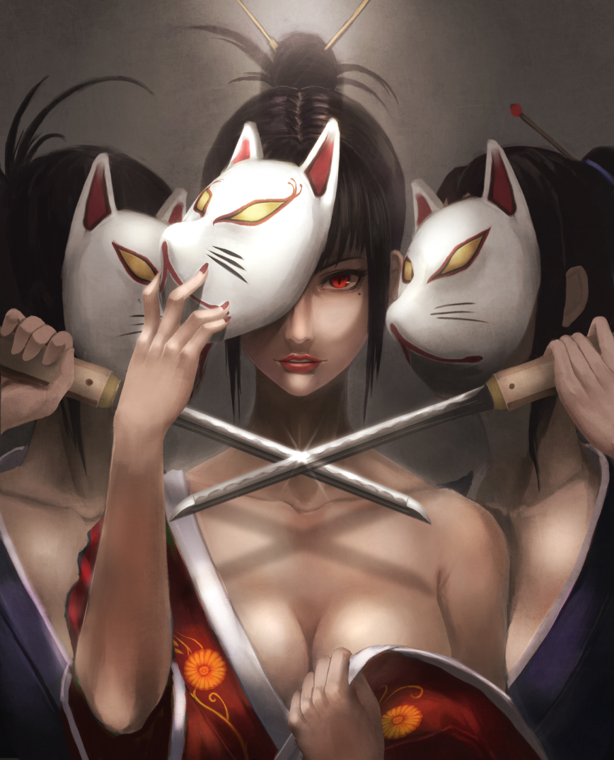 3girls, bare_shoulders, black_hair, breasts, cleavage, japanese_clothes, kimono, lips