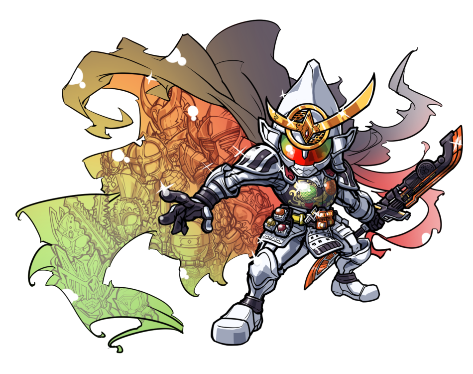 1boy, armor, banana, belt, cape, food, food_themed_clothes, fruit, grapes, kamen_rider, kamen_rider_baron, kamen_rider_bravo, kamen_rider_duke, kamen_rider_gaim, kamen_rider_gaim_(series), kamen_rider_gridon, kamen_rider_knuckle, kamen_rider_kurokage, kamen_rider_marika, kamen_rider_ryugen, kamen_rider_sigurd, kamen_rider_zangetsu, lock_seed, male, melon, orange, simple_background, solo, strawberry, sword, wanaata, weapon, white_background