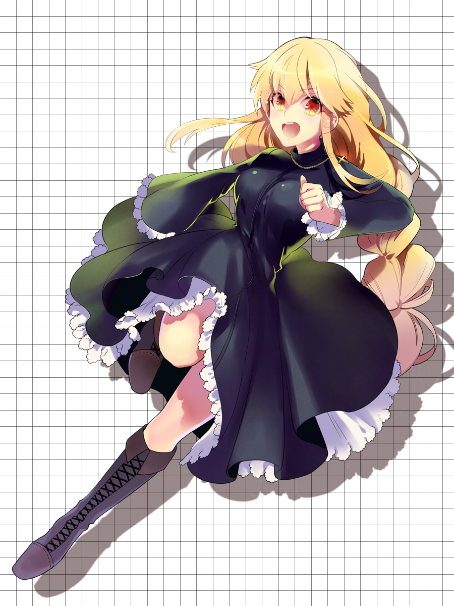 1girl, boots, cross, cross_necklace, dress, fate/stay_night, fate_(series), genderswap