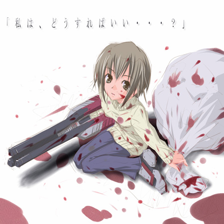armored_core, armored_core_last_raven, bag, blood, girl, hier, laser_gun, mecha_musume