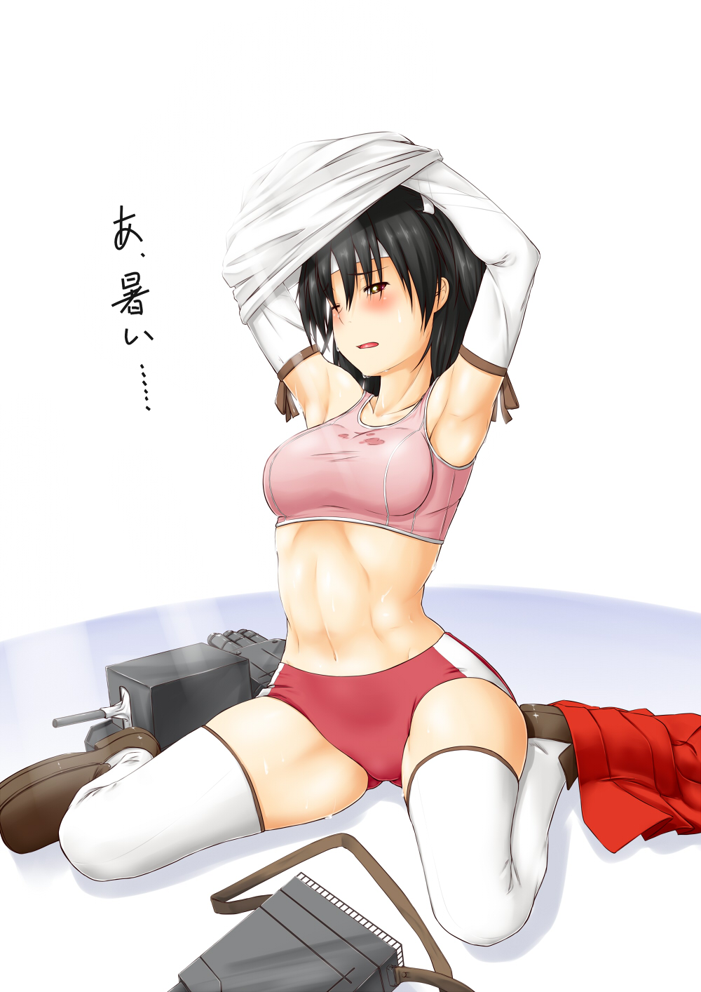 1girl, abs, armpits, arms_up, black_hair, blush, bra, brown_eyes