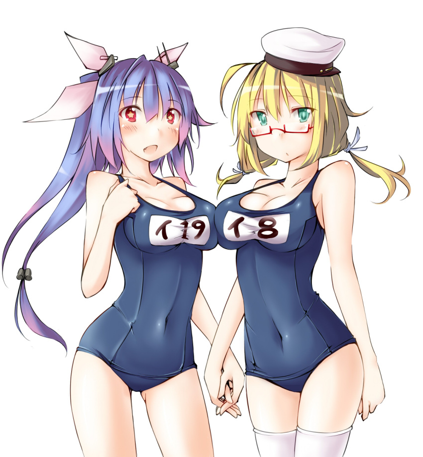 2girls, blonde_hair, blue_hair, blush, breasts, glasses, green_eyes, hair_ornament