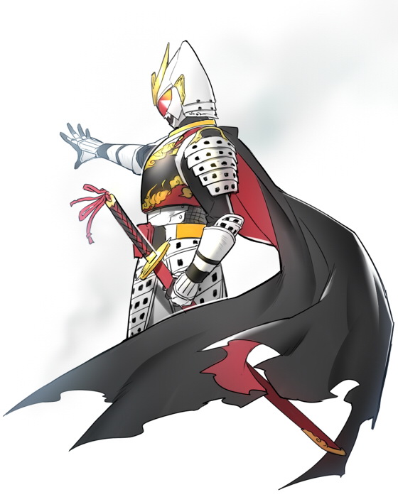 1boy, armor, belt, cape, kamen_rider, kamen_rider_gaim, kamen_rider_gaim_(series), katana, littleb, male, profile, scabbard, sheath, solo, sword, weapon