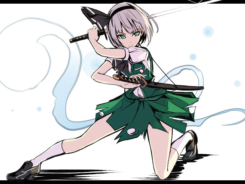 1girl, fighting_stance, green_eyes, hair_ribbon, katana, konpaku_youmu, konpaku_youmu_(ghost), letterboxed
