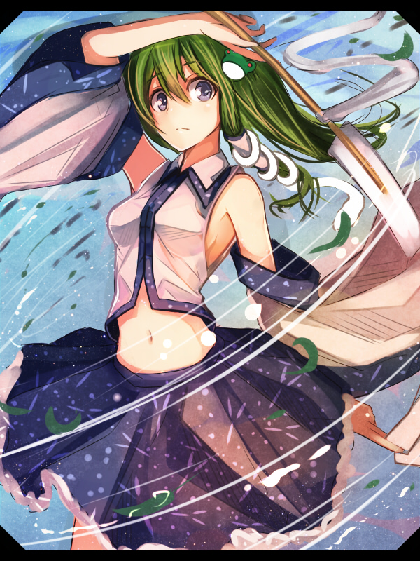 1girl, arm_up, bare_shoulders, blue_eyes, detached_sleeves, frog_print, gohei, green_hair