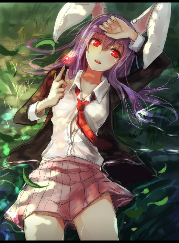 1girl, animal_ears, arm_up, collarbone, dappled_sunlight, energy_ball, finger_gun, grass