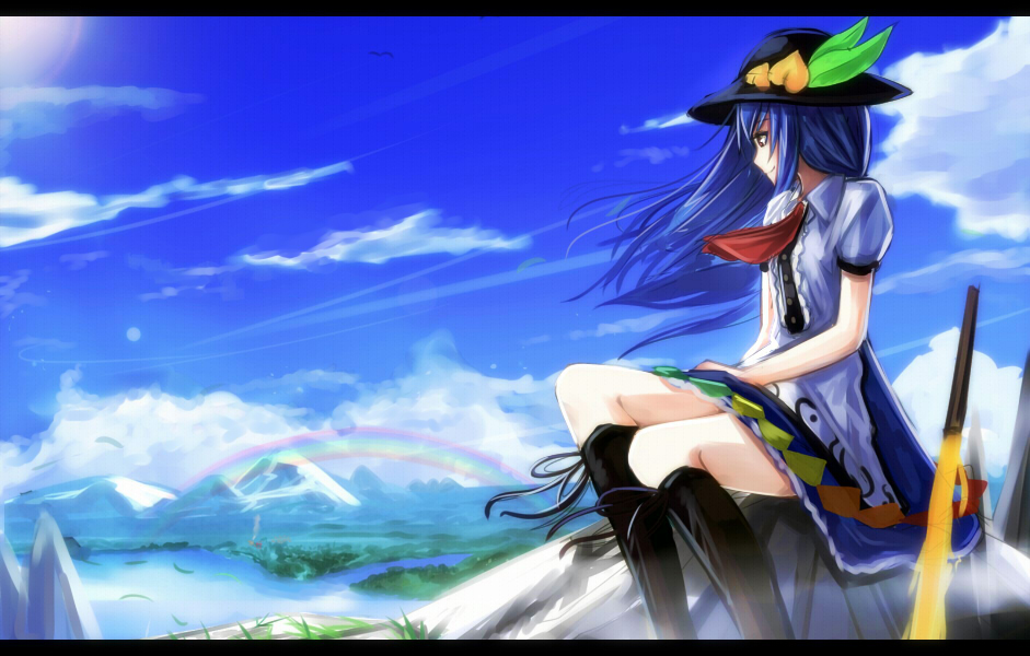 1girl, blue_hair, blue_sky, boots, clouds, food, fruit, grass