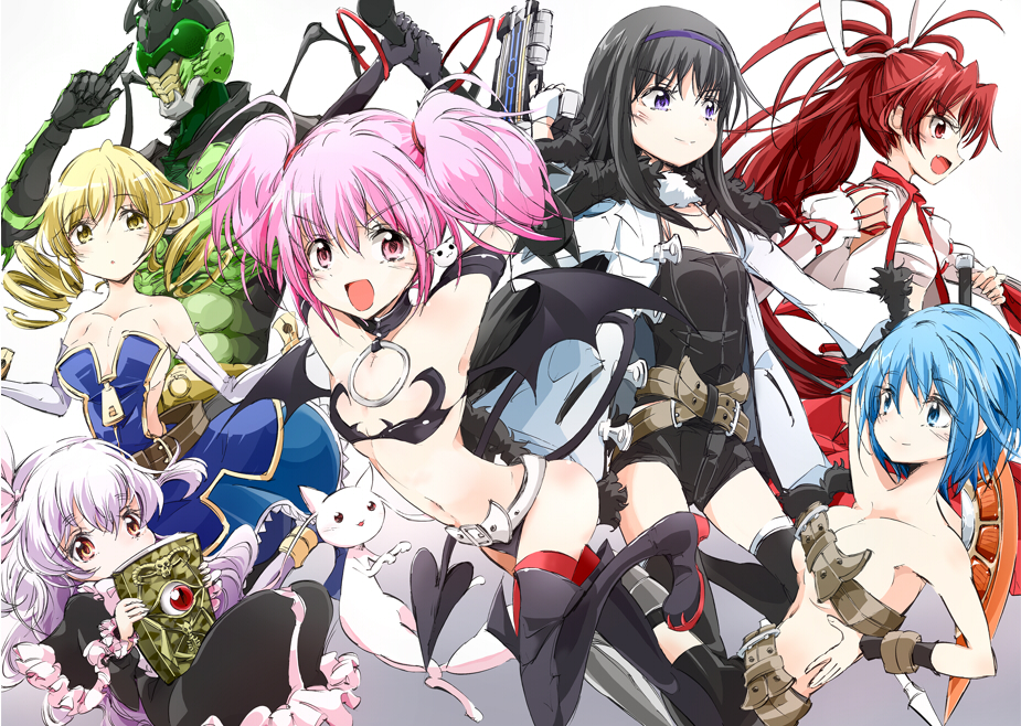 6+girls, :d, akemi_homura, alternate_costume, archer_(disgaea), archer_(disgaea)_(cosplay), bad_anatomy, black_hair