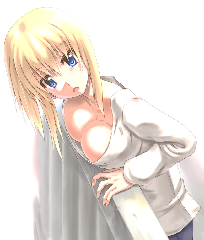 1girl, :o, blonde_hair, blue_eyes, breasts, large_breasts, long_hair, open_mouth, original, railing, solo, yamaura_tamaki
