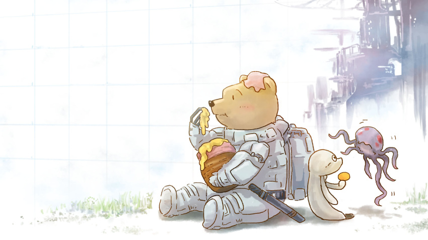 2girls, alien, bear, furry, gauna, highres, hiyama_lala, honey, honeypot, kana_tako, mechanical_arm, multiple_girls, parody, pooh, pooh_(cosplay), prosthesis, prosthetic_arm, science_fiction, sheath, sheathed, shiraui_tsumugi, sidonia_no_kishi, spacesuit, tentacles, trembling, winnie_the_pooh