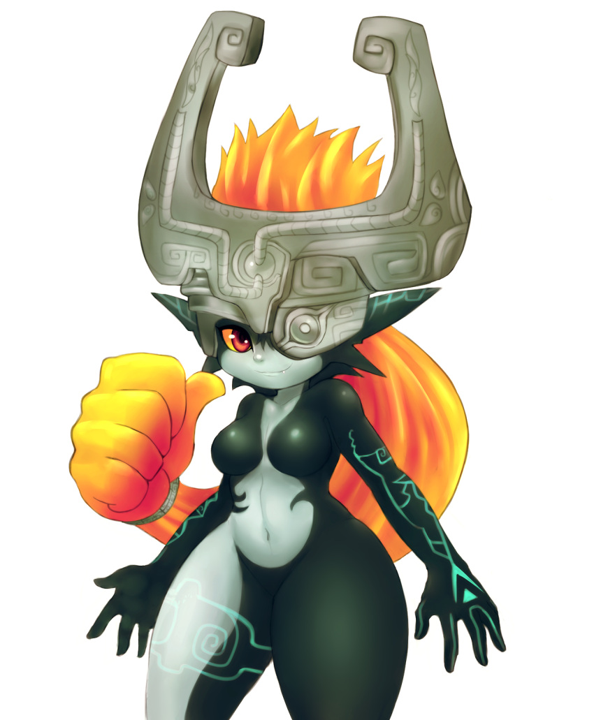 1girl, clenched_hand, fang, helmet, highres, imp, long_hair, mato_spectoru, midna, neon_trim, no_nipples, nude, one_eye_covered, pointy_ears, prehensile_hair, red_eyes, small_breasts, smile, solo, the_legend_of_zelda, twilight_princess, yellow_sclera