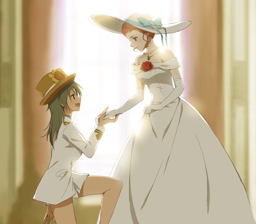 2girls, bad_id, bare_shoulders, black_hair, brown_eyes, dress, elbow_gloves, eye_contact